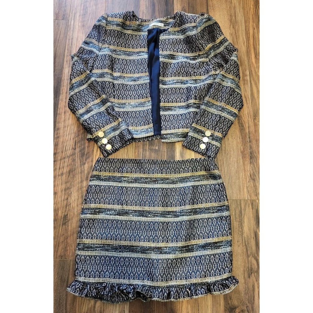 Mango 2Pc Blazer Mini Skirt Suit Set Blue Bronze Metallic Woven Tapestry Sz 6